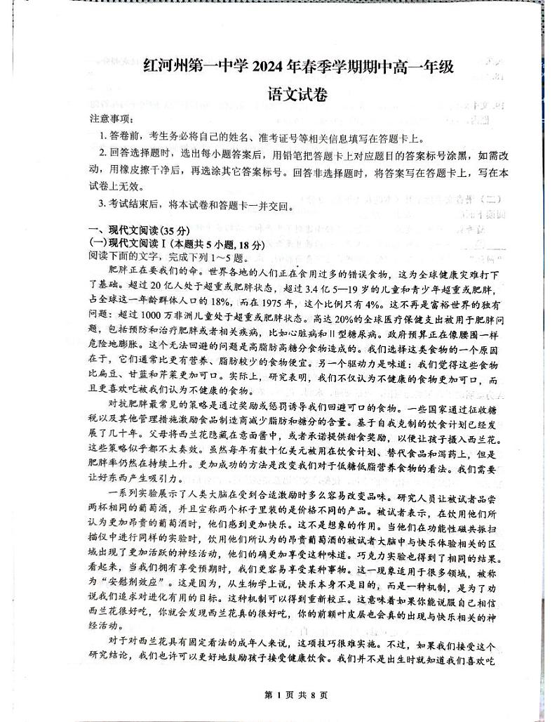 云南省红河哈尼族彝族自治州第一中学2023-2024学年高一下学期5月期中考试语文试题01