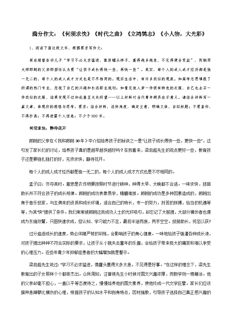 【满分作文】高考语文作文《何须求快》《时代之曲》《立鸿鹄志》《小人物，大光彩》（讲义）第1页