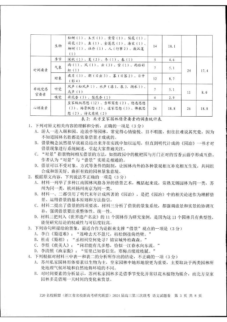 2024浙江省Z20联盟（名校新高考研究联盟）高三下学期第三次联考语文试题PDF版含解析03