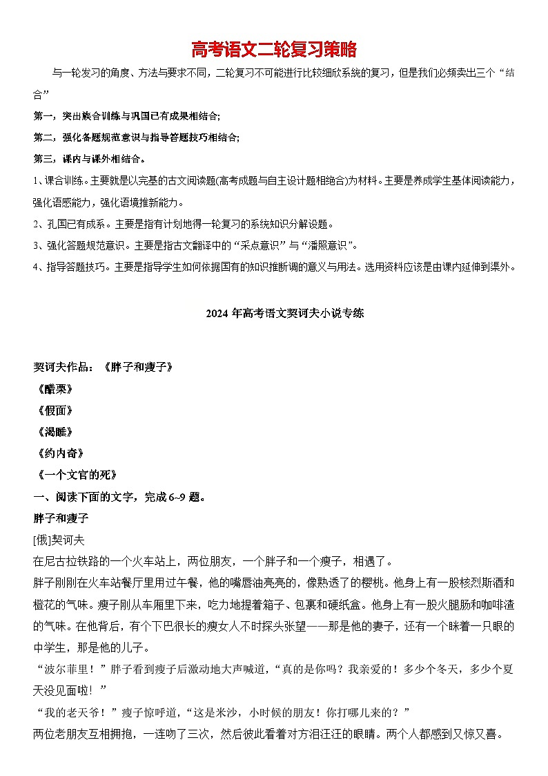 2024年高考语文阅读之契诃夫小说专练（解析版）第1页