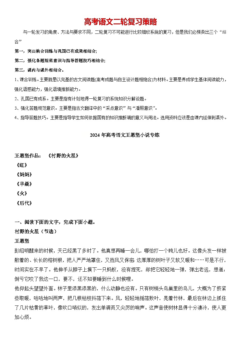 2024年高考语文阅读之王愿坚小说专练（原卷版）第1页