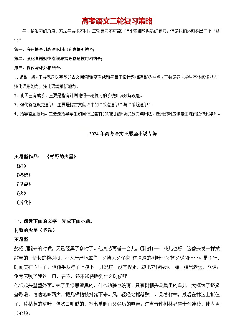 2024年高考语文阅读之王愿坚小说专练（解析版）第1页