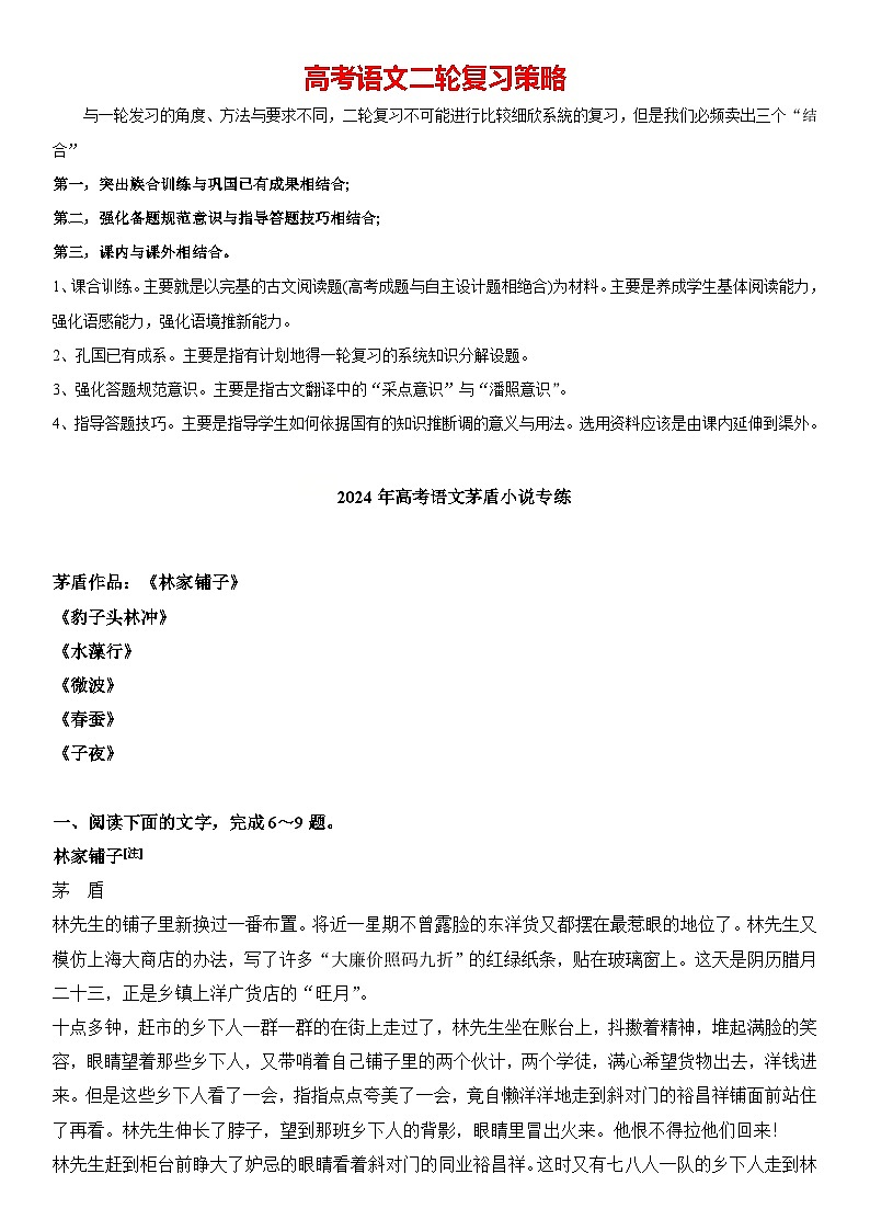 2024年高考语文阅读之茅盾小说专练（解析版）第1页