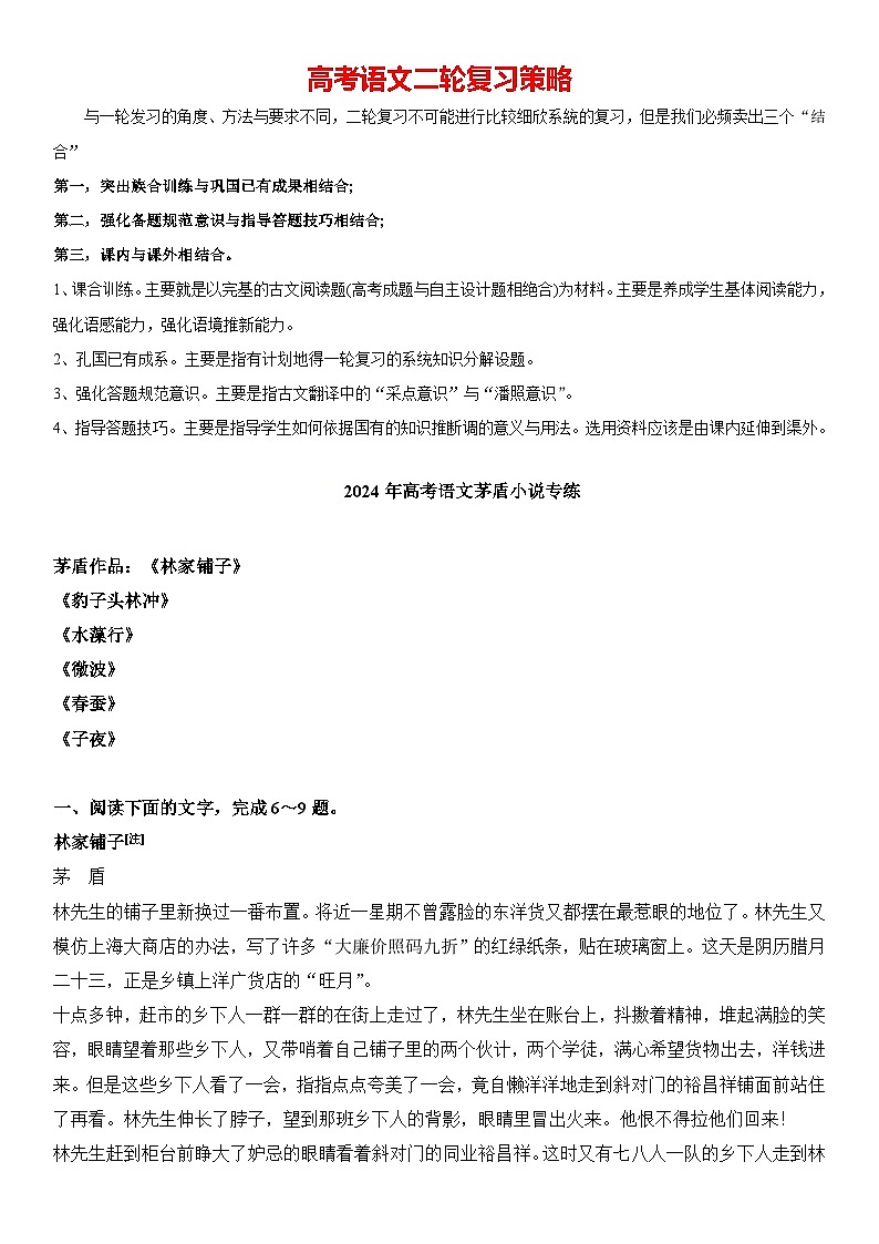 2024年高考语文阅读之茅盾小说专练（原卷版）第1页