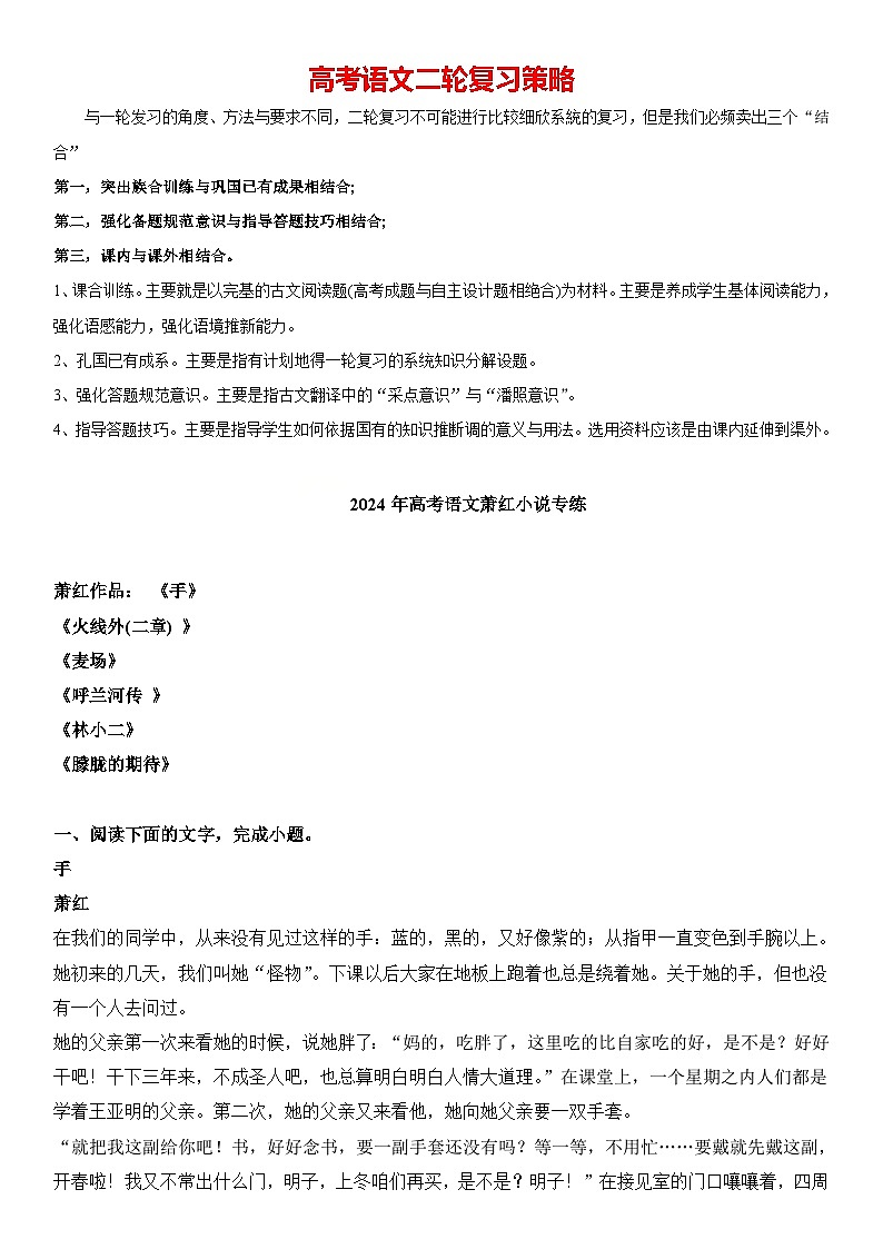 2024年高考语文阅读之萧红小说专练（解析版）第1页