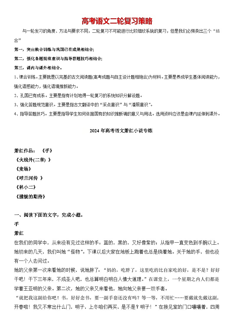 2024年高考语文阅读之萧红小说专练（原卷版）第1页