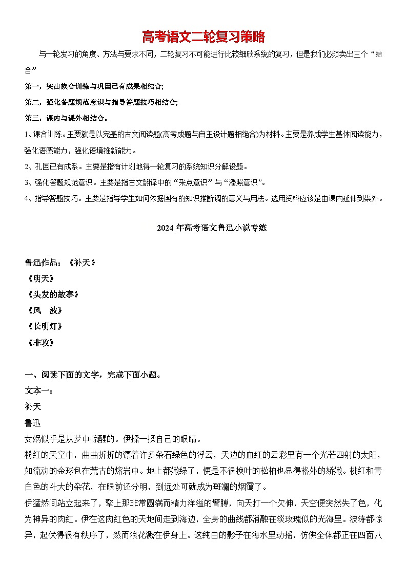 2024年高考语文阅读之鲁迅小说专练（原卷版）第1页