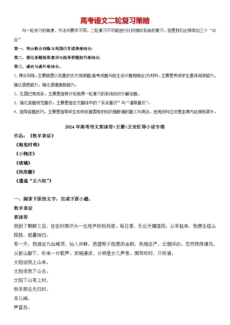 2024年高考语文阅读之郭沫若+王蒙+王安忆等小说专练（原卷版）第1页