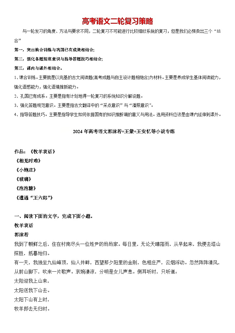 2024年高考语文阅读之郭沫若+王蒙+王安忆等小说专练（解析版）第1页