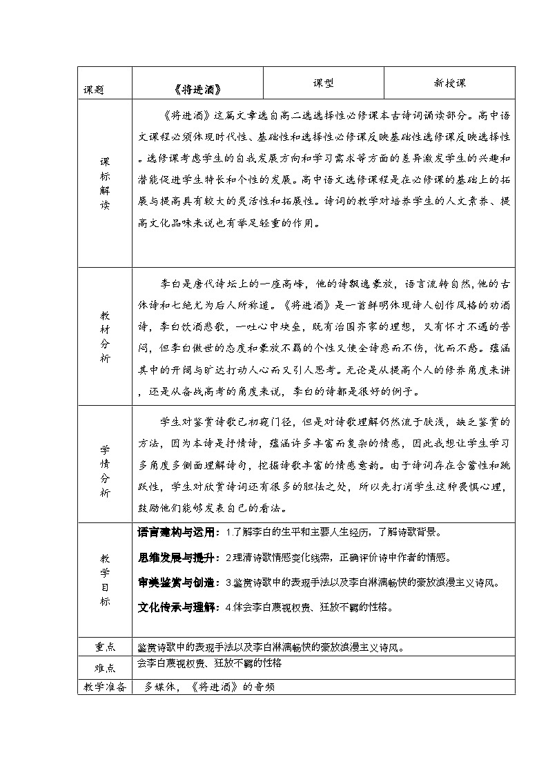 人教版高中语文选择性必修上古诗诵读《将进酒》课件（教案）01
