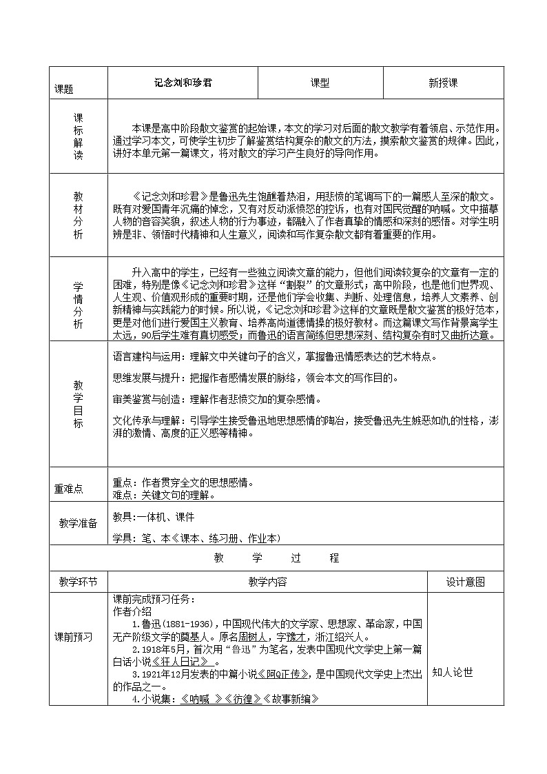 人教版高中语文选择性必修中册2.1.1《纪念刘和珍君》课件（教案）01