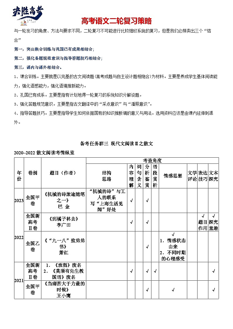 专题09 散文阅读，阅读方法-2024年高考语文二轮专题讲练（解析版）第1页