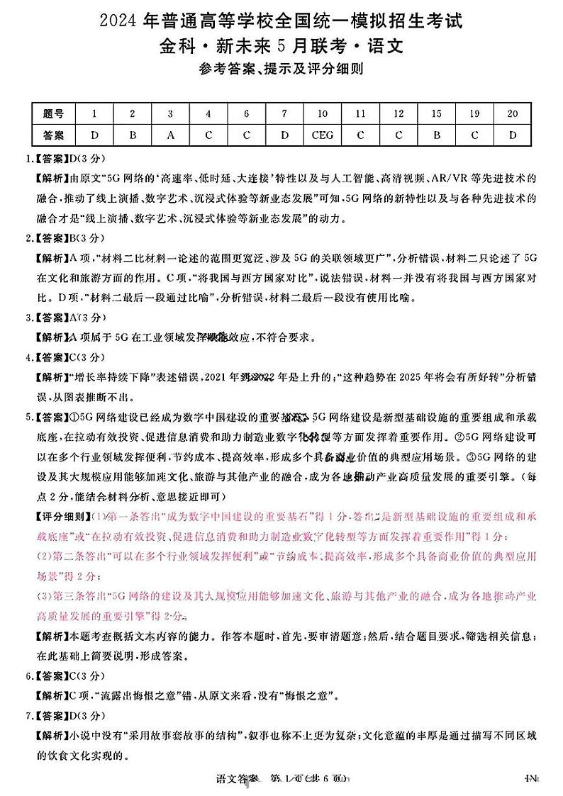 语文试卷答案第1页