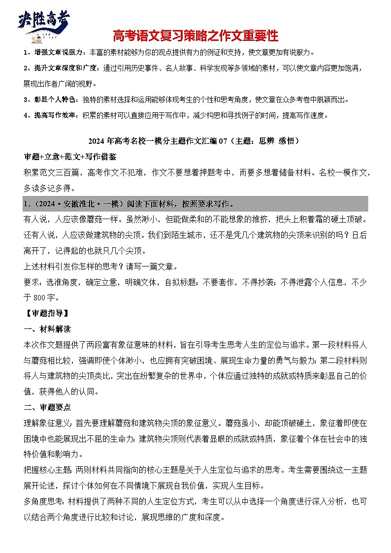 2024年高考名校一模作文汇编07（主题：思辨感悟）审题立意范文写作借鉴（讲义）第1页