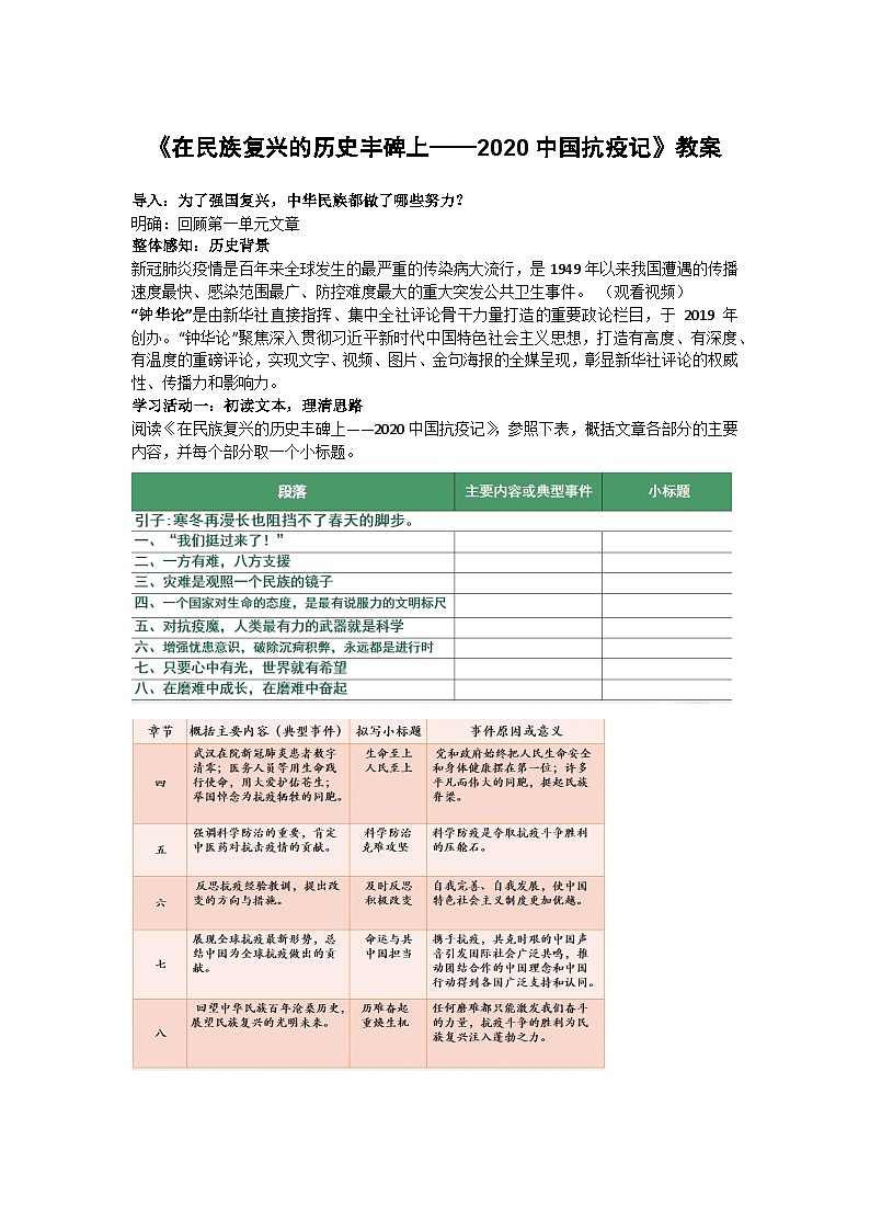 统编版高中语文选择性必修上册第一单元第四课4.《在民族复兴的历史丰碑上》教案第1页