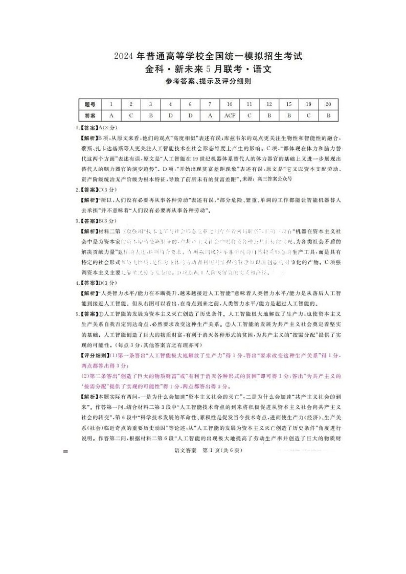 2024届金科新未来高三5月联考语文试题答案第1页