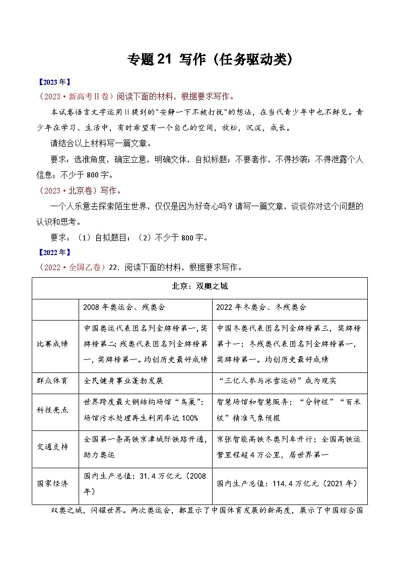 专题21 写作（任务驱动类）-十年（2014-2023）高考语文真题分项汇编 （全国通用）（原卷版）第1页