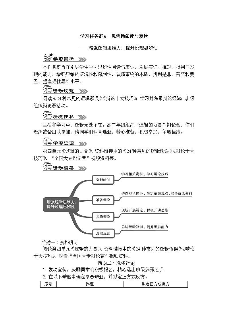 第4单元《思辨性阅读与表达——增强逻辑思维力，提升说理思辨性》课件+活动单01
