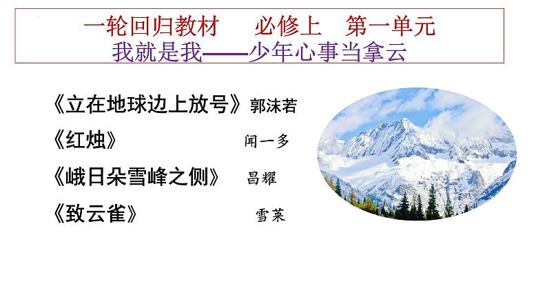 2025届高考一轮复习回归课本：   2《立在地球边上放号》《红烛》《峨日朵雪峰之侧》《致云雀》群文阅读课件 +2022-2023学年统编版高中语文必修上册第1页