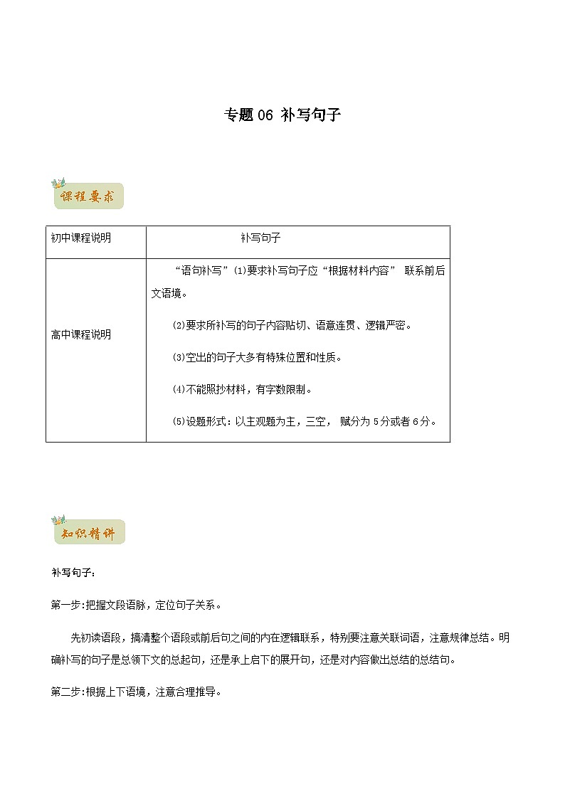 人教版初升高一初语文预习06补写句子-初升高语文衔接讲义(学生版+解析)01