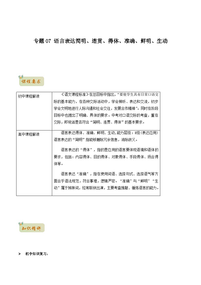 人教版初升高一初语文预习07语言表达简明、连贯、得体、准确、鲜明、生动-初升高语文衔接讲义(学生版+解析)01