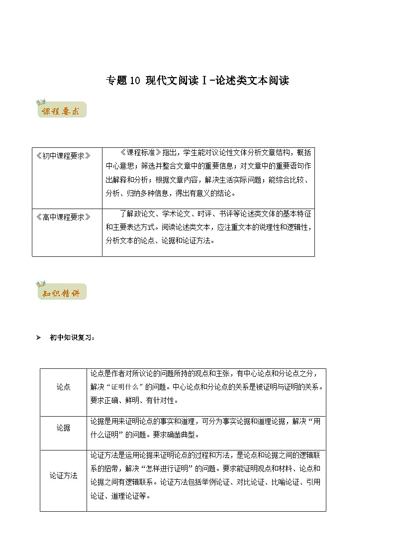 人教版初升高一初语文预习11现代文阅读Ⅰ-论述类文本阅读-初升高语文衔接讲义(学生版+解析)第1页
