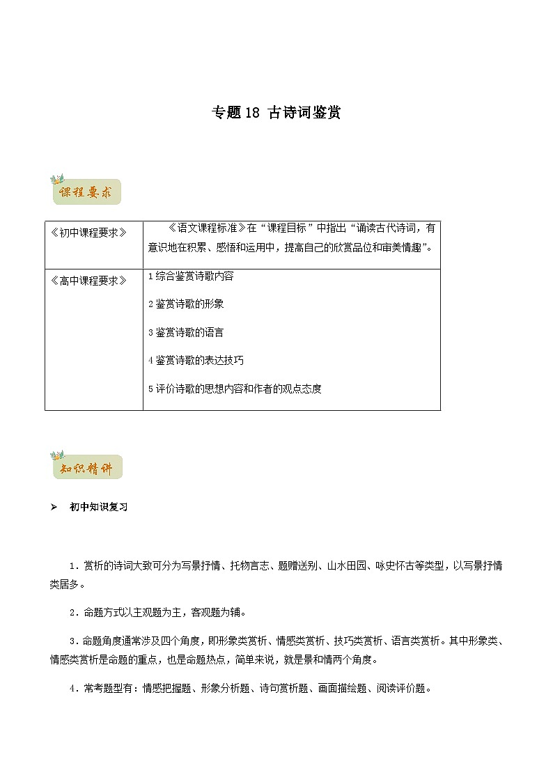 人教版初升高一初语文预习18古诗词鉴赏-初升高语文衔接讲义(学生版+解析)01