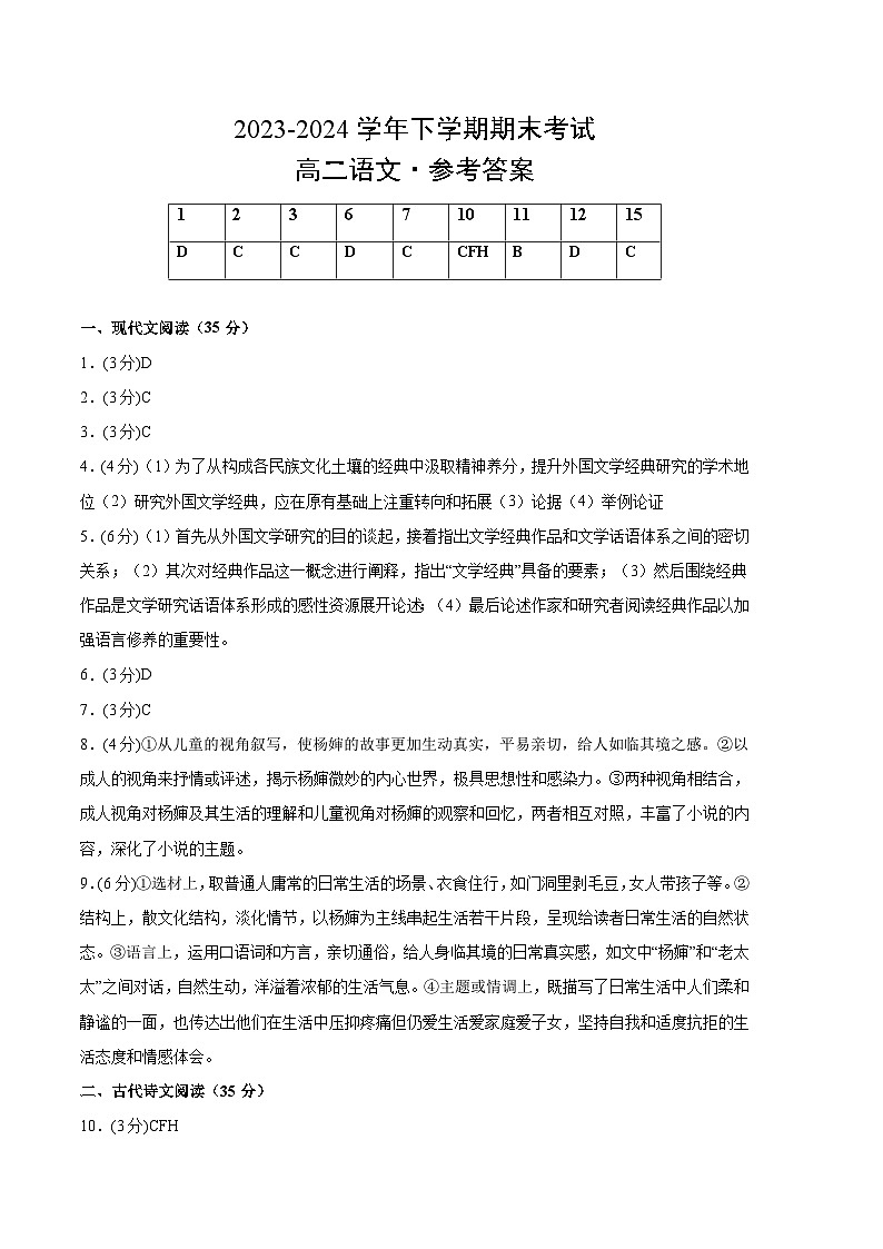 高二语文期末模拟卷（江苏专用，古诗词背诵、选必修上中下册）2023-20（参考答案）（江苏专用）第1页