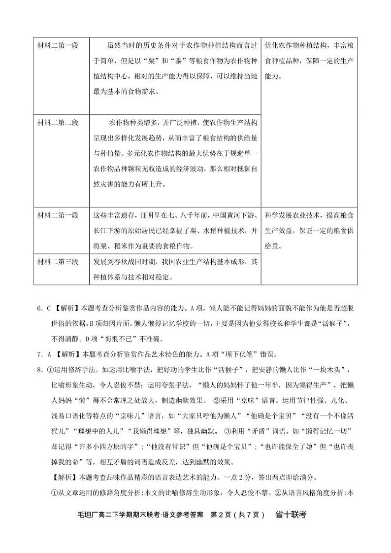 毛坦厂高二下期末语文参考答案第2页