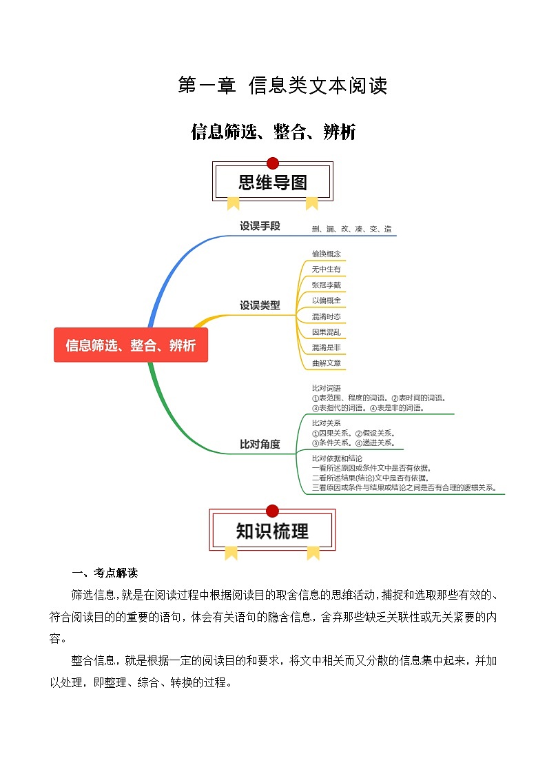 专题02：信息类文本信息筛选、整合、辨析-2025年高考语文一轮复习知识清单（原卷版）01