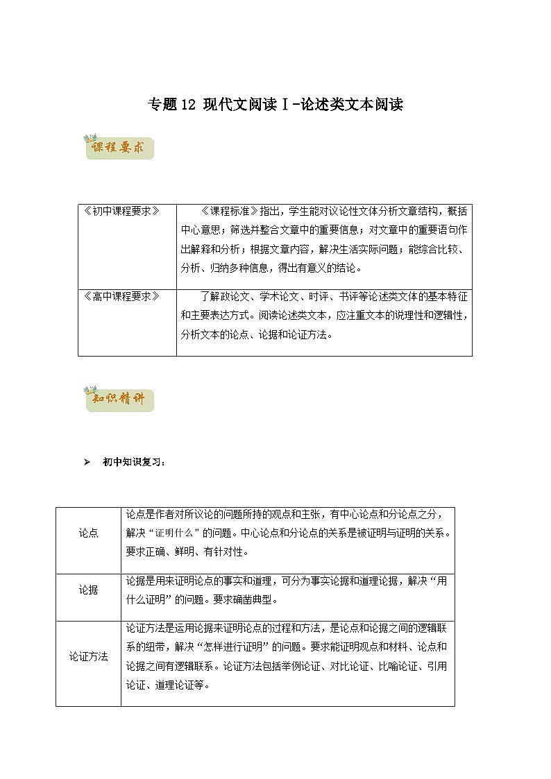 12  现代文阅读Ⅰ-论述类文本阅读-初升高语文衔接讲义（统编版）（教师版+学生版）01