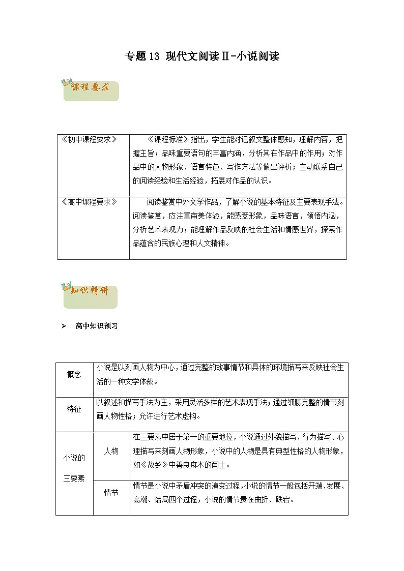 13 现代文阅读Ⅱ-小说阅读_-初升高语文衔接讲义（统编版）（教师版+学生版）01