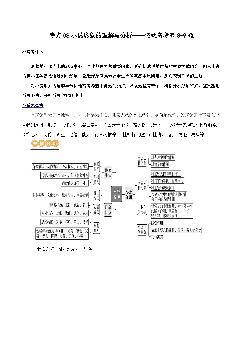 专题08 小说形象的理解与分析（讲义）-2024年高考语文二轮复习讲练测（新教材新高考）01