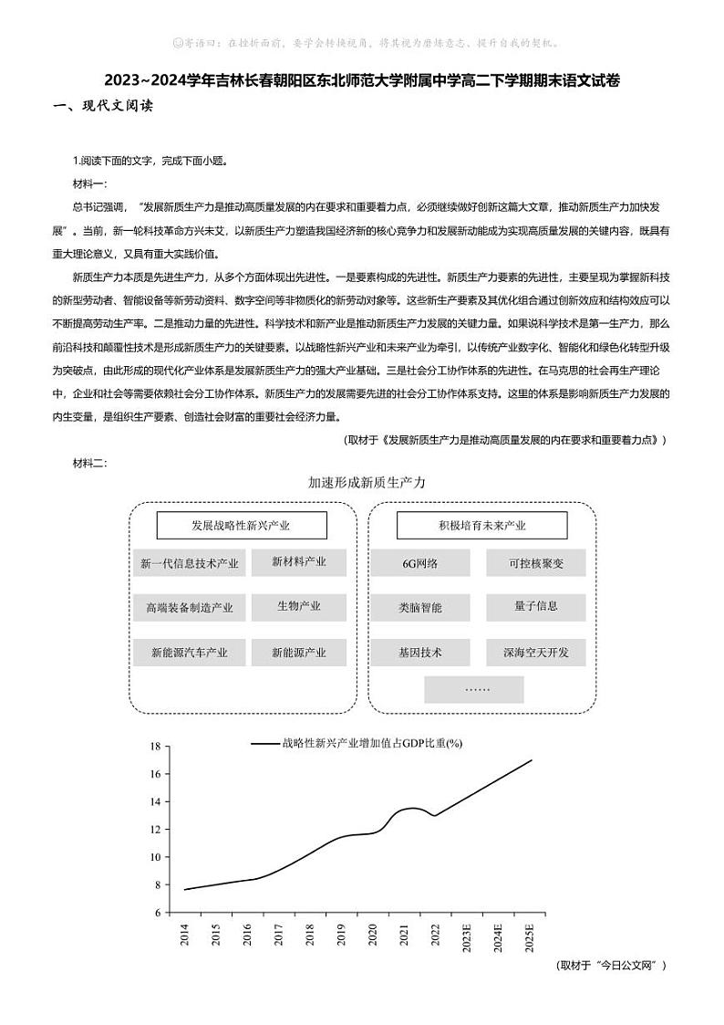 [语文][期末]2023_2024学年吉林长春朝阳区东北师范大学附属中学高二下学期期末语文试卷01