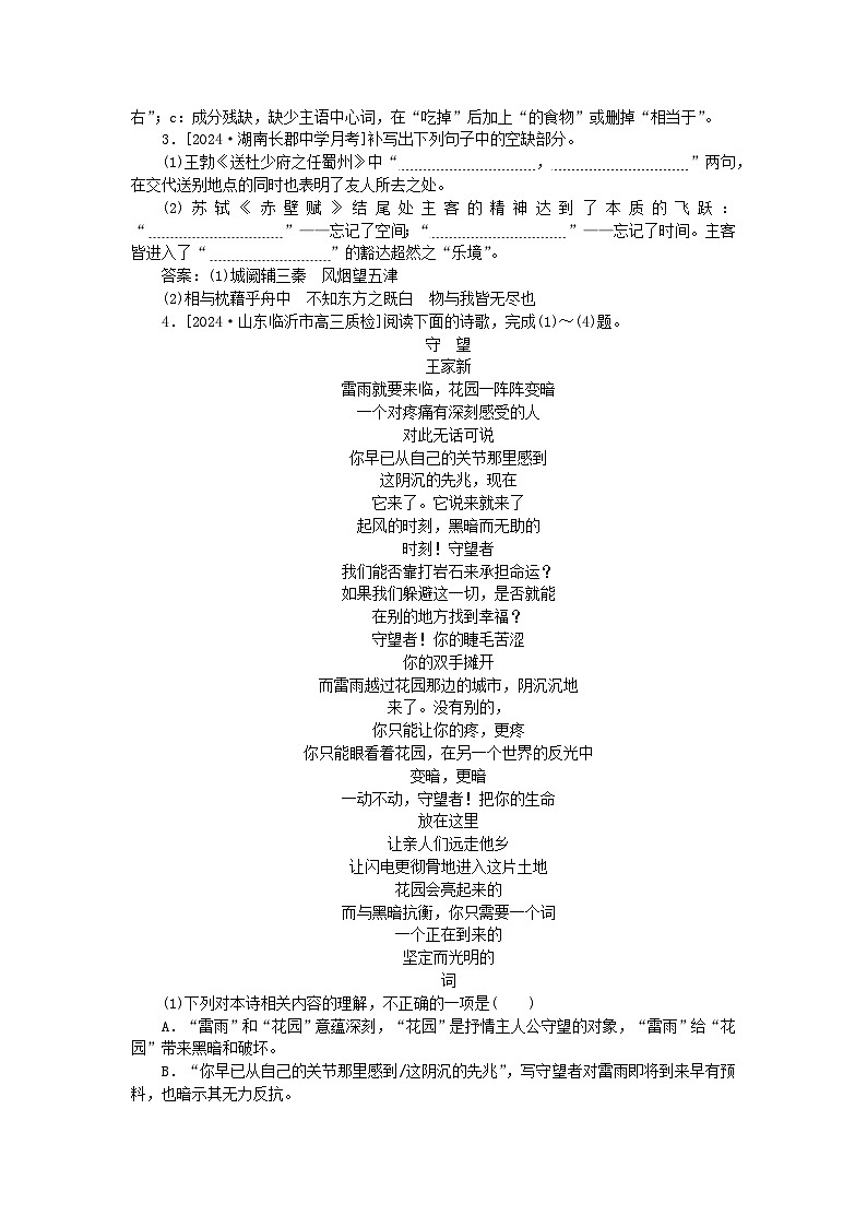 2025版高考语文一轮复习第二部分综合强化练习第40练语言表达+名句默写+现代诗歌阅读（附解析）第3页