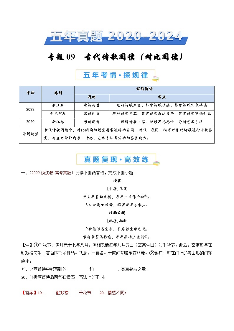 专题09 古代诗歌阅读（对比阅读）（教师卷）五年（2020-2024）高考语文真题分类汇编（全国通用）01