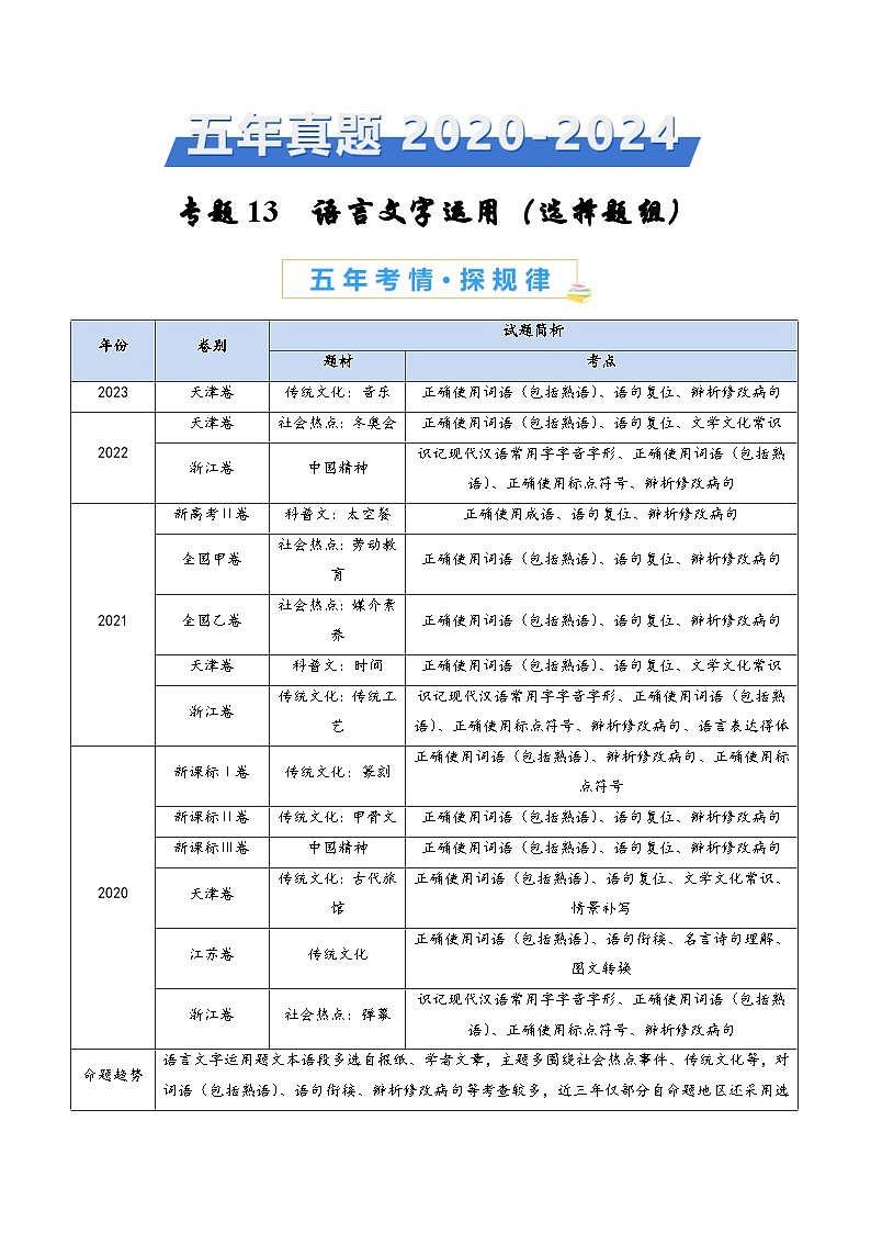 专题13 语言文字运用（选择题组）（学生卷）五年（2020-2024）高考语文真题分类汇编（全国通用）01