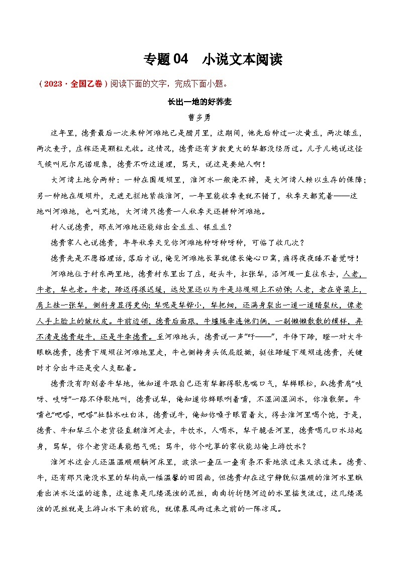 专题04 小说文本阅读- 十年（2014-2023）高考语文真题分项汇编 （全国通用）（学生卷）01