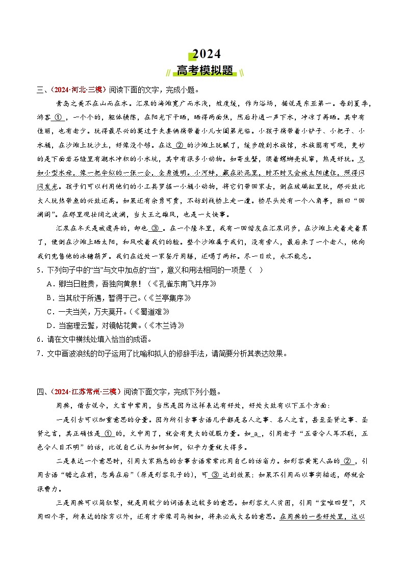 2024年高考真题和模拟题语文分类汇编（全国通用）专题07 语言文字运用II（原卷版）02