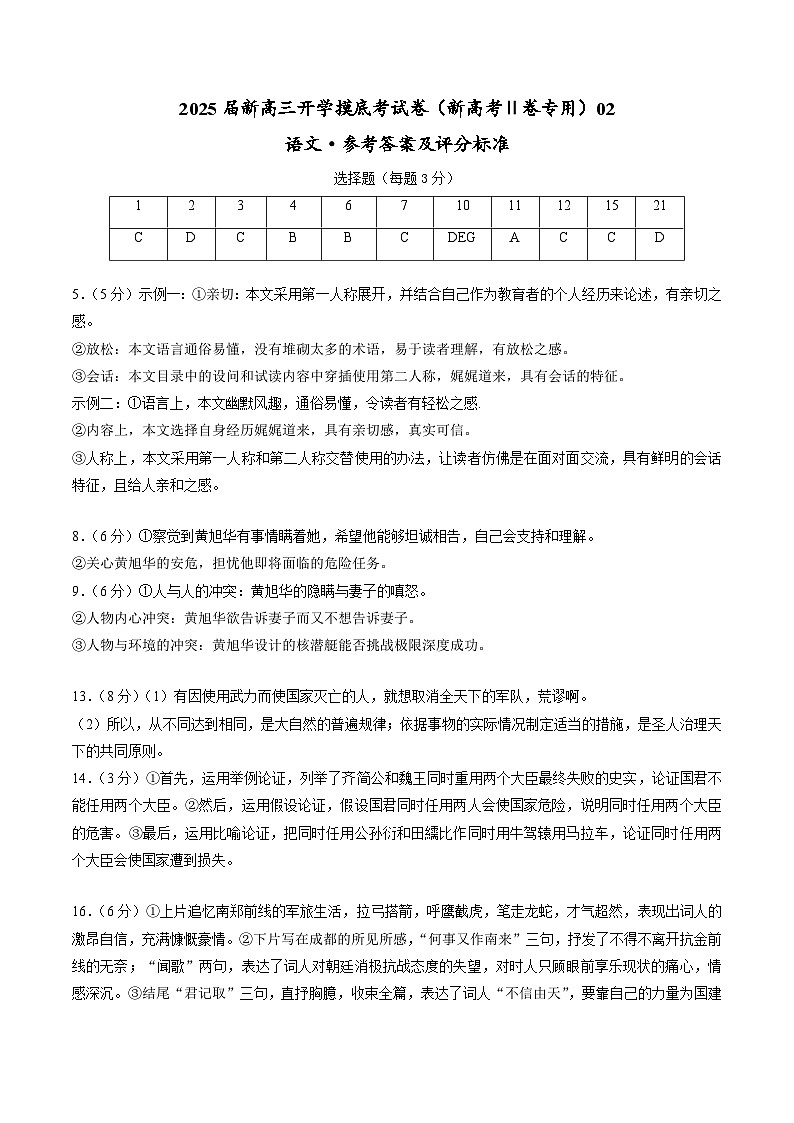 【开学考】新高三上册开学摸底考试卷语文（新高考Ⅱ卷专用）0201