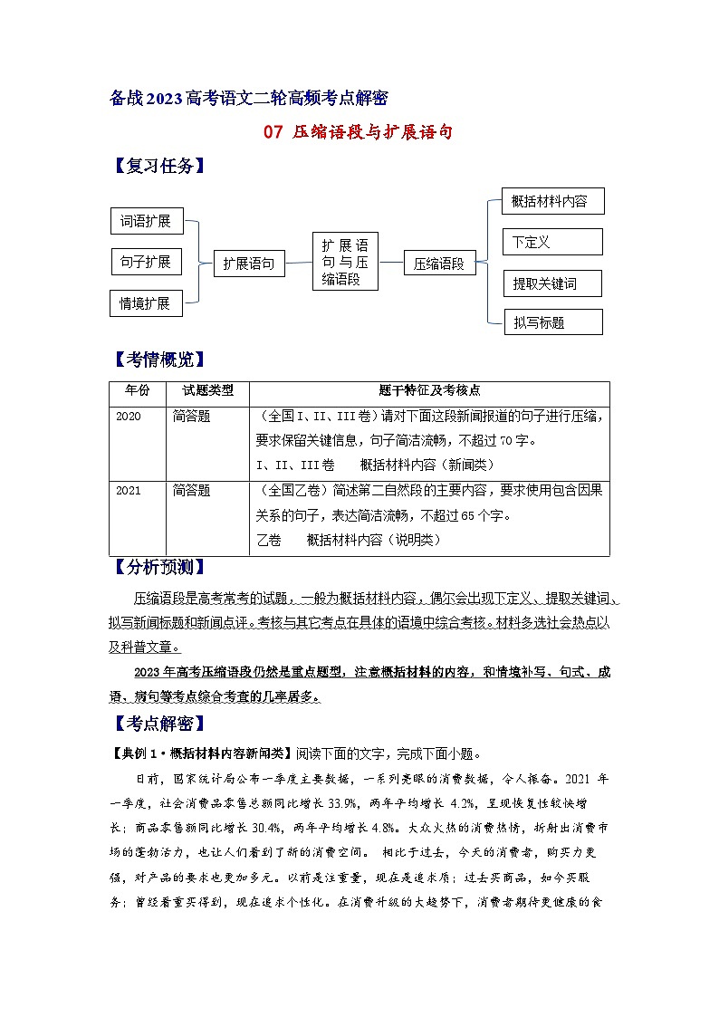 【高频考点解密】高考语文二轮分层训练(全国通用)解密07压缩语段与扩展语句(分层训练)(原卷版+解析)01