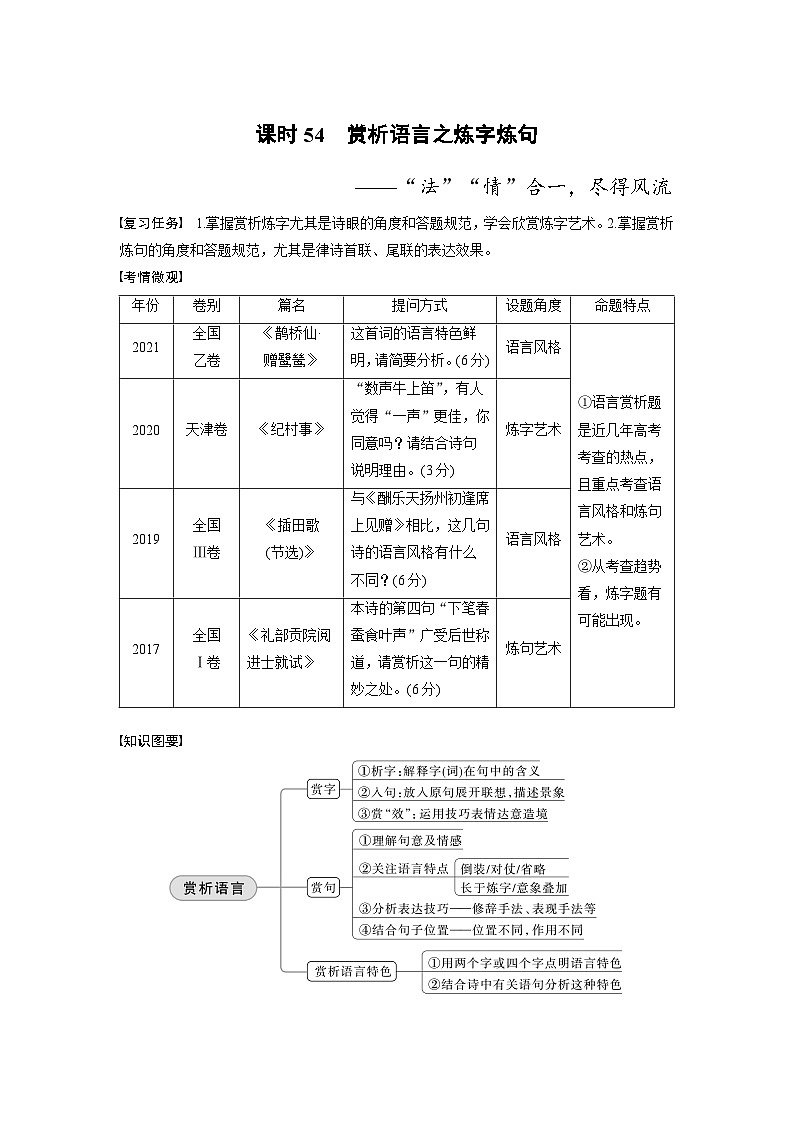 新高考语文一轮复习讲义板块6 古诗词阅读与鉴赏 课时54　赏析语言之炼字炼句——“法”“情”合一，尽得风流第1页