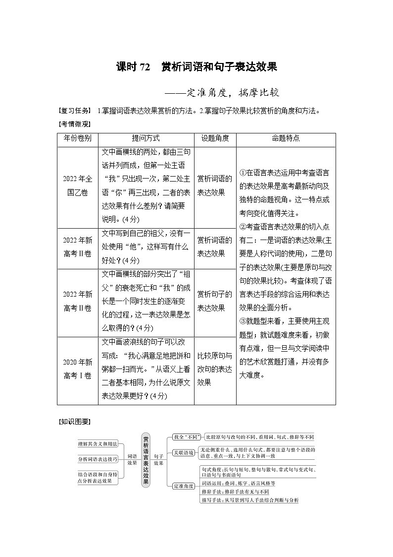 新高考语文一轮复习讲义板块8 第2部分 语言应用 课时72　赏析词语和句子表达效果——定准角度，揣摩比较第1页
