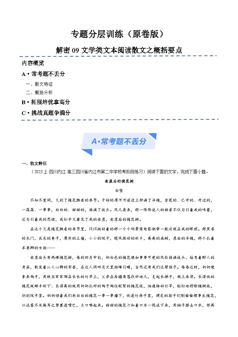 新高考语文二轮复习考点追踪练习09 文学类文本阅读散文之概括要点（分层训练）（原卷版）第1页