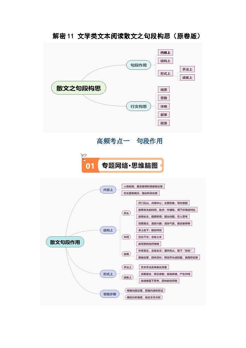 新高考语文二轮复习考点追踪练习11 文学类文本阅读散文之句段构思（讲义）（2份打包，原卷版+解析版）01