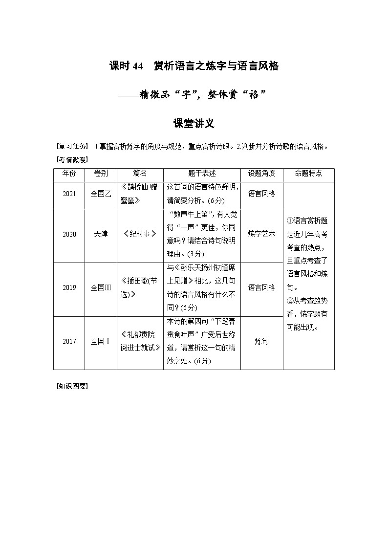 新高考语文一轮复习学案古诗词阅读与鉴赏课时44赏析语言之炼字与语言风格——精微品“字”，整体赏“格”第1页