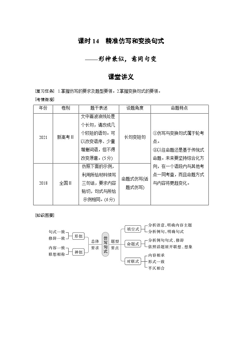 新高考语文一轮复习学案语言策略与技能课时14精准仿写和变换句式——形神兼似，意同句变第1页