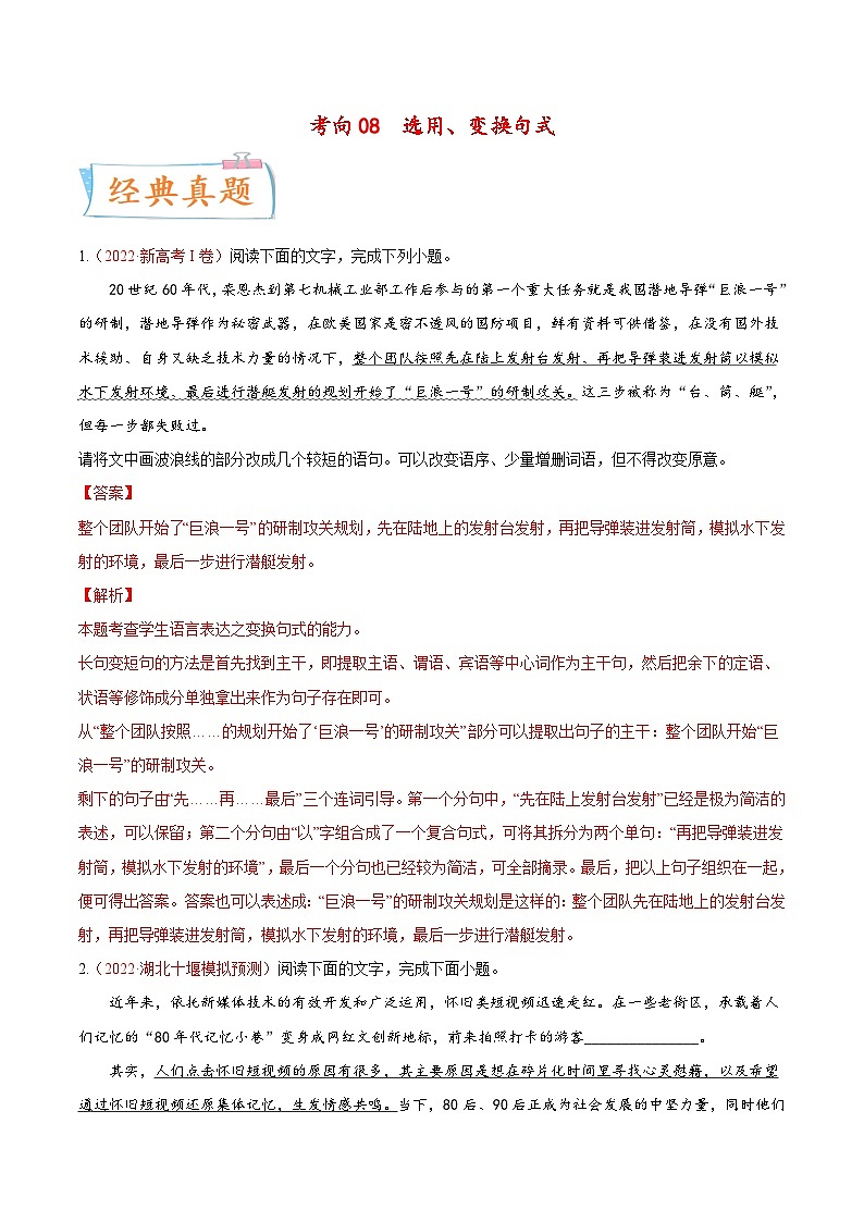 新高考语文一轮复习考点微专题考向08  选用变换句式（含解析）01
