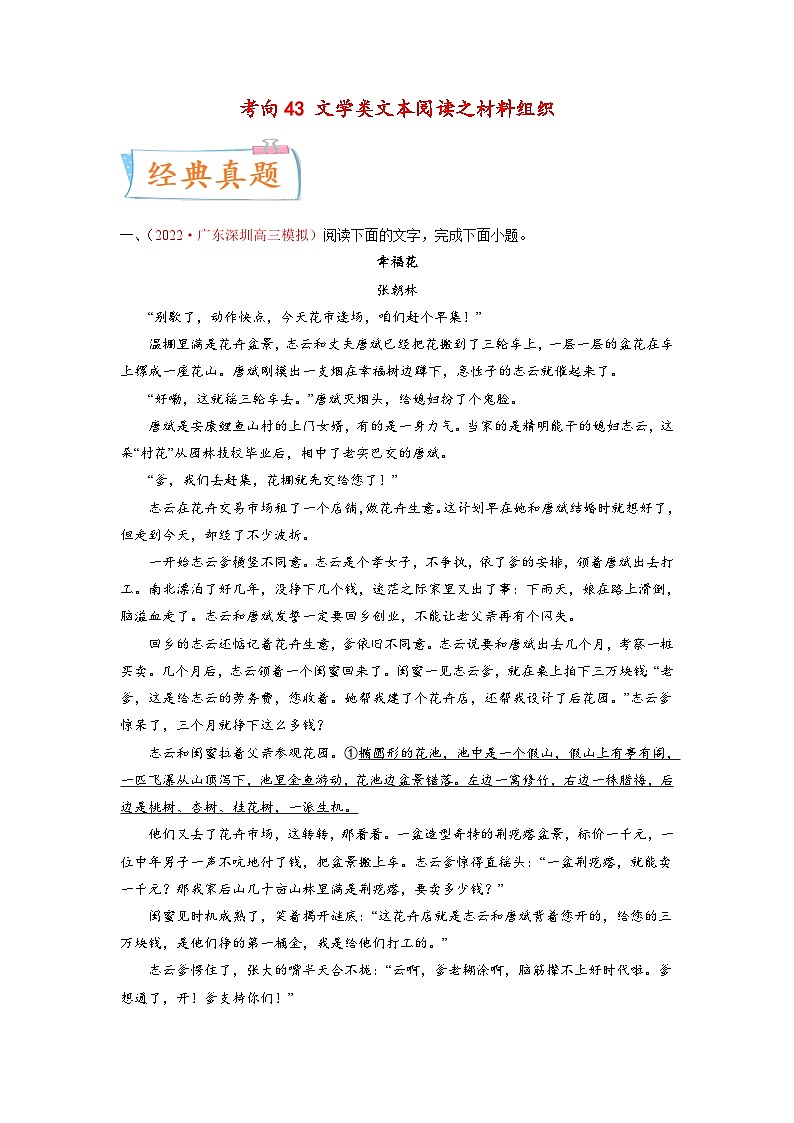 新高考语文一轮复习考点微专题考向43 文学类文本阅读之材料组织（含解析）01