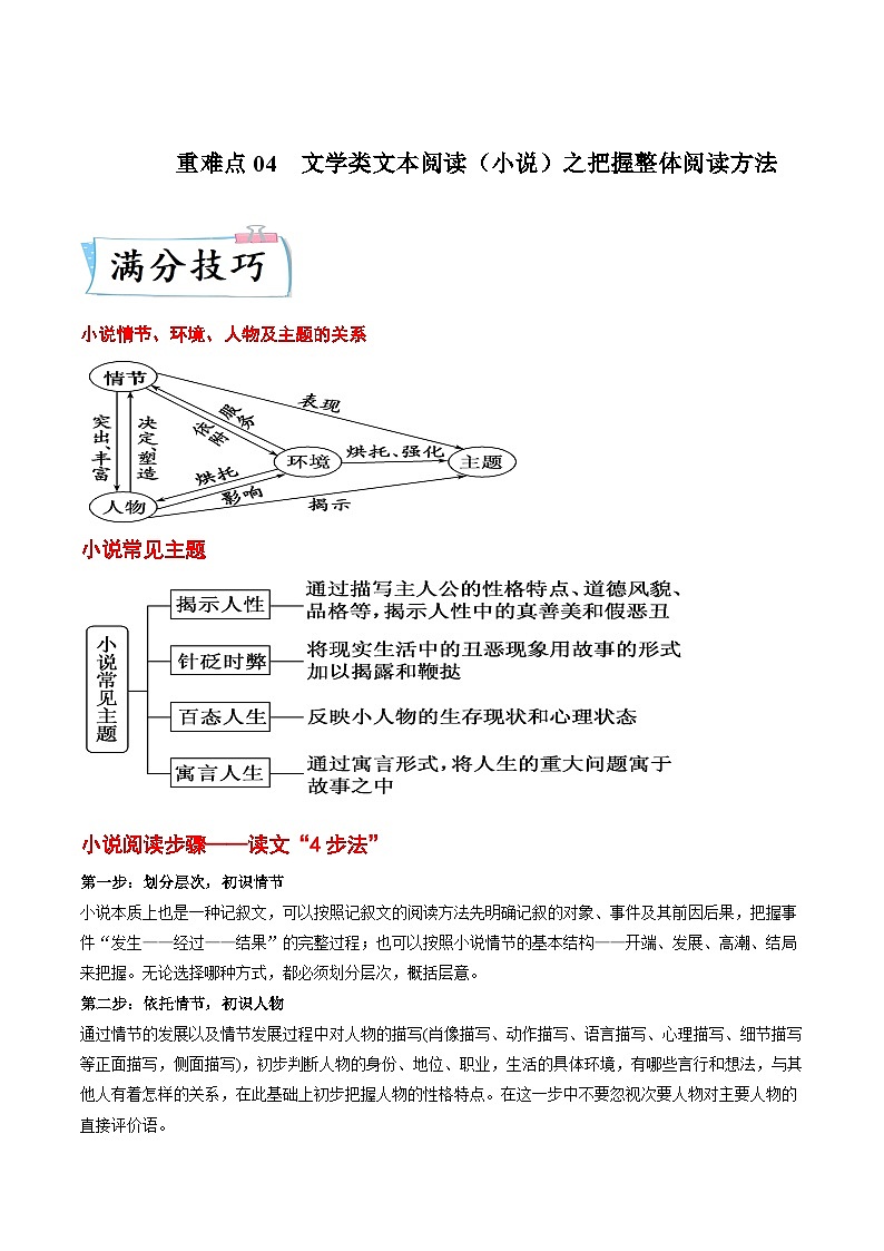 新高考语文二轮专练重难点04  文学类文本阅读（小说）之把握整体阅读方法（原卷版）第1页